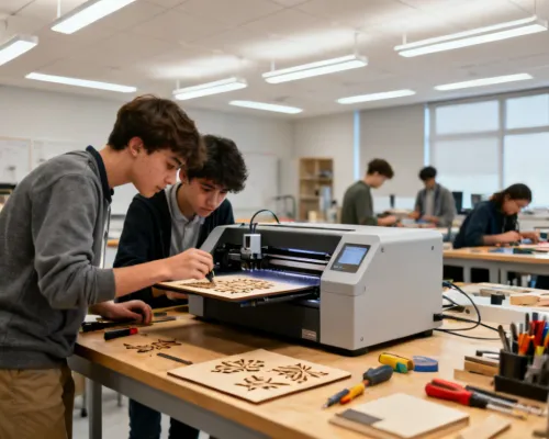 Students using laser engraver in makerspace