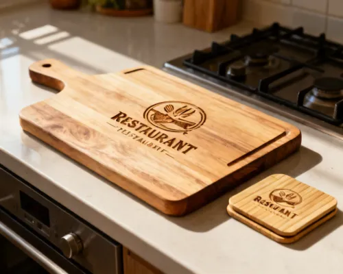 Laser branded cutting board and coasters for restaurant